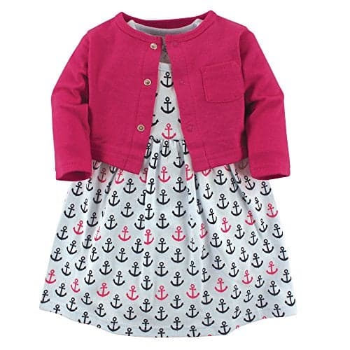Luvable Friends Baby and Toddler Girl Dress and Cardigan, Anchors, 12-18 Months