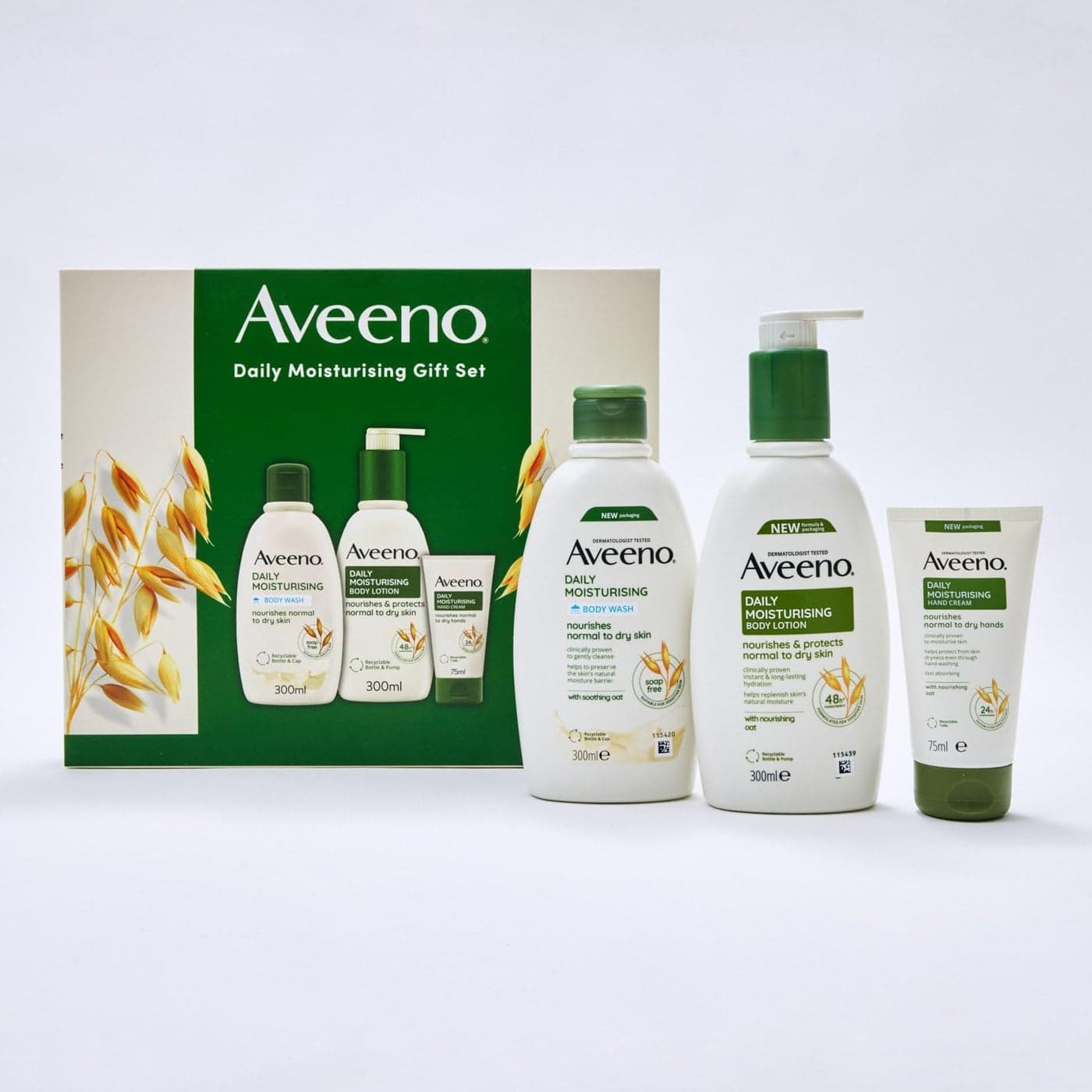 Aveeno Daily Moisturising Gift Set for Normal to Dry Skin with Soothing Oat Extract Body Wash 300ml Body Lotion 300ml Hand Cream 75ml Pack of 3