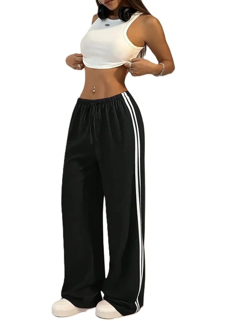 THIRD QUADRANT Women's Wide Leg Track Pants for Women | Black with White Side Stripes | Drawstring Waist (in, Alpha, L) (in, Alpha, XL, Regular, Black)