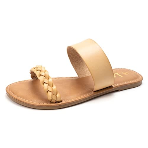 LM Women's Braided Slide Sandals Open Toe Two Strap Slip On Flat Sandals Casual Summer Shoes (Beige, numeric_7)