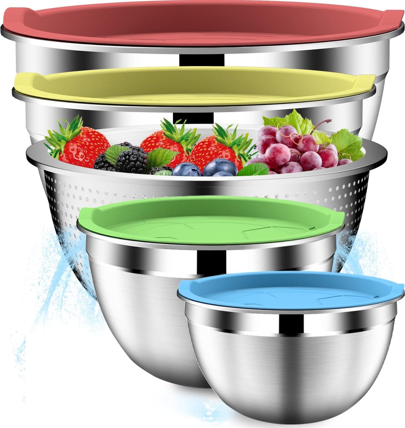 DUTZUN Mixing Bowls with Strainer Mixing Bowl with Lids Set Stainless Steel Mixing Bowls Kitchen Gadgets 2025 Salad Bowls with Strainer for Mixing Preping Baking Multicolor