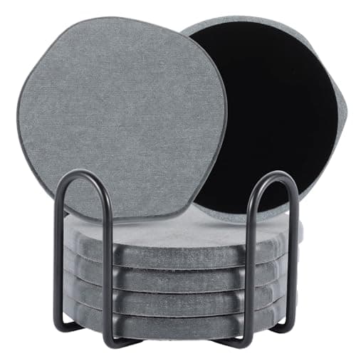 Azhou 6Pcs Absorbent Diatomaceous Earth Coasters Set with Holder - 4 Inch Quick-Dry Stone Coasters with Scratch-Resistant Surface & Velvet Base, Reusable Home Decor for Coffee Bar, Office Desk
