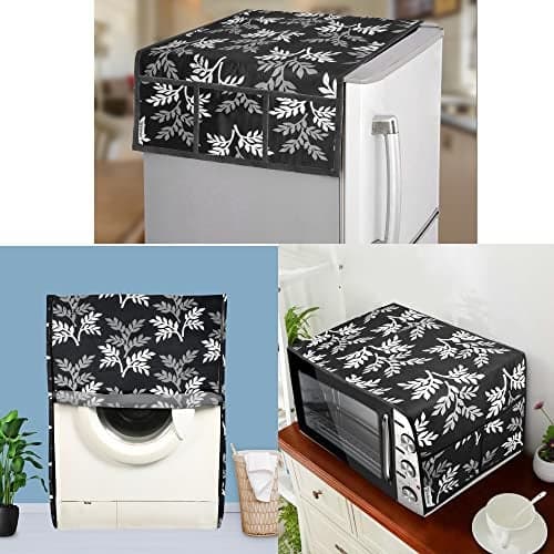 E-Retailer® Exclusive 3-Layered Polyester Combo Set of Appliance Covers (Fridge Top Cover, Microwave Oven Top Cover, Front Load Washing Machine Cover) (Black, Leaf Design, 3 Pcs.)