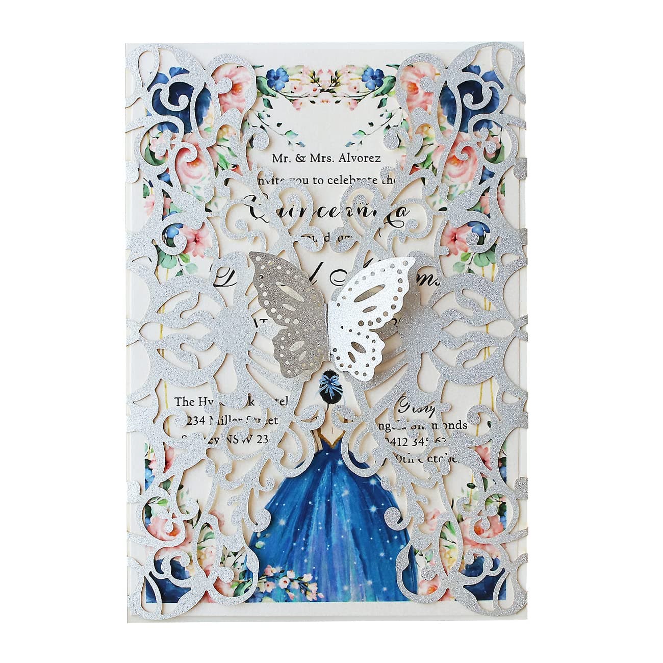 KUCHYNEE 50PCS 51x73 inch Silver Laser Cut Lace Flora Wedding Invitation Cards with Butterfly and Envelopes for Quinceanera Bridal Shower Wedding Invite Silver Glitter
