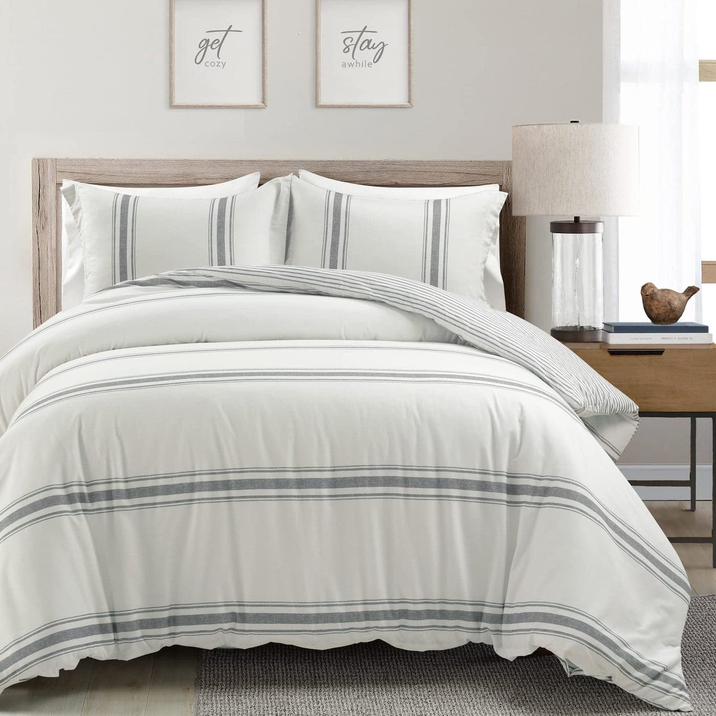 Lush Decor Farmhouse Stripe Reversible Cotton Duvet Cover Set 3 Piece Set King Dark Gray Bedding Set Striped Duvet Cover King Size Farmhouse Decor
