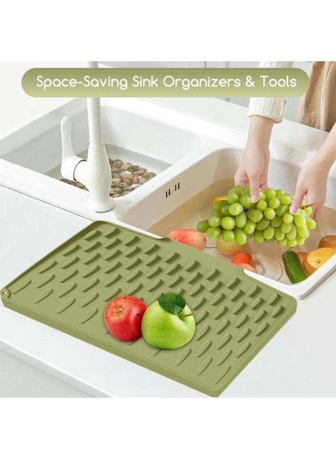 Silicone Dish Drying Mat for Kitchen Counter, 15.7x12.8 Inch Fast Drainage Drying Matt with Non-Slip Base, Heat Resistant for Dishes, Fruits, Vegetables, Dishwasher Safe - Green