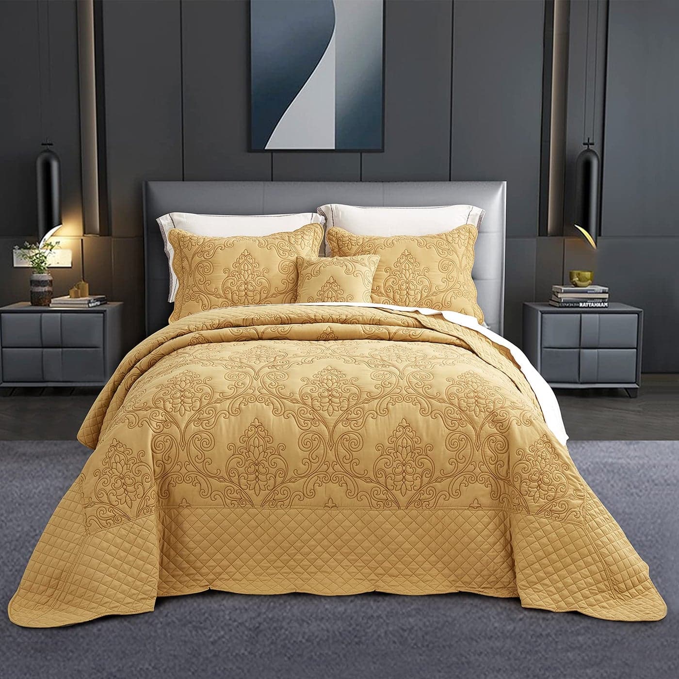 CHIXIN Bedspread Coverlet Set Queen Size Lightweight Bedding Cover Beautiful Stitching 4 Piece Reversible Bedspread Luxury Damask Paisley Pattern Queen HoneyGold