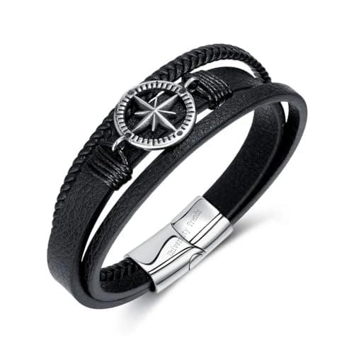University Trendz Leather Stainless Steel Stylish Bracelet with Magnetic Clasp for Men & Boys (Silver wheel)