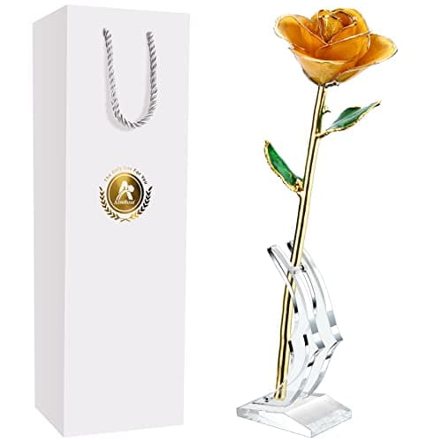 AliveRose Gold Rose Made from Real Rose - Unique Design Dipped Rose for Anniversary Valentines Mothers Day Birthday Gifts (Yellow with Stand)