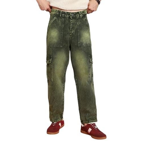 Urbano Fashion Men's Olive Green Loose Baggy Fit Washed Cargo Jeans with 6 Pockets Non-Stretchable (jeanlscargotowl-olive-28)