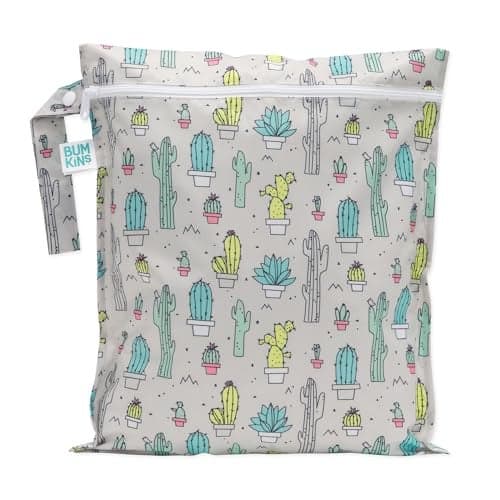 Bumkins Waterproof Wet Bag for Baby Travel Swim Suit Cloth Diapers Pump Parts Pool Beach Gym Clothes Toiletry Hook to Stroller Daycare Zipper Reusable Wetdry Packing Pouch Cactus Green