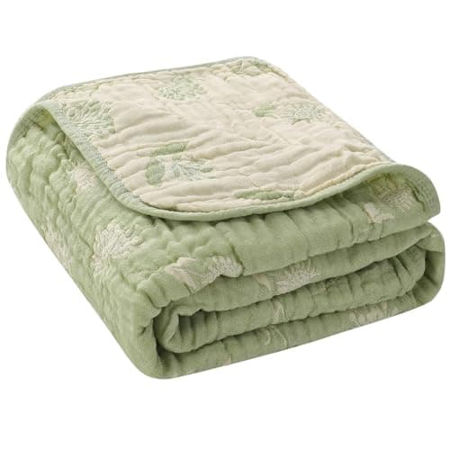 HardNok Ultra Soft Muslin Baby Blanket - Made with Organic Cotton, Earthy Botanicals Jacquard Swaddle & Crib Quilt, 43x43 (Sage Green Floral)