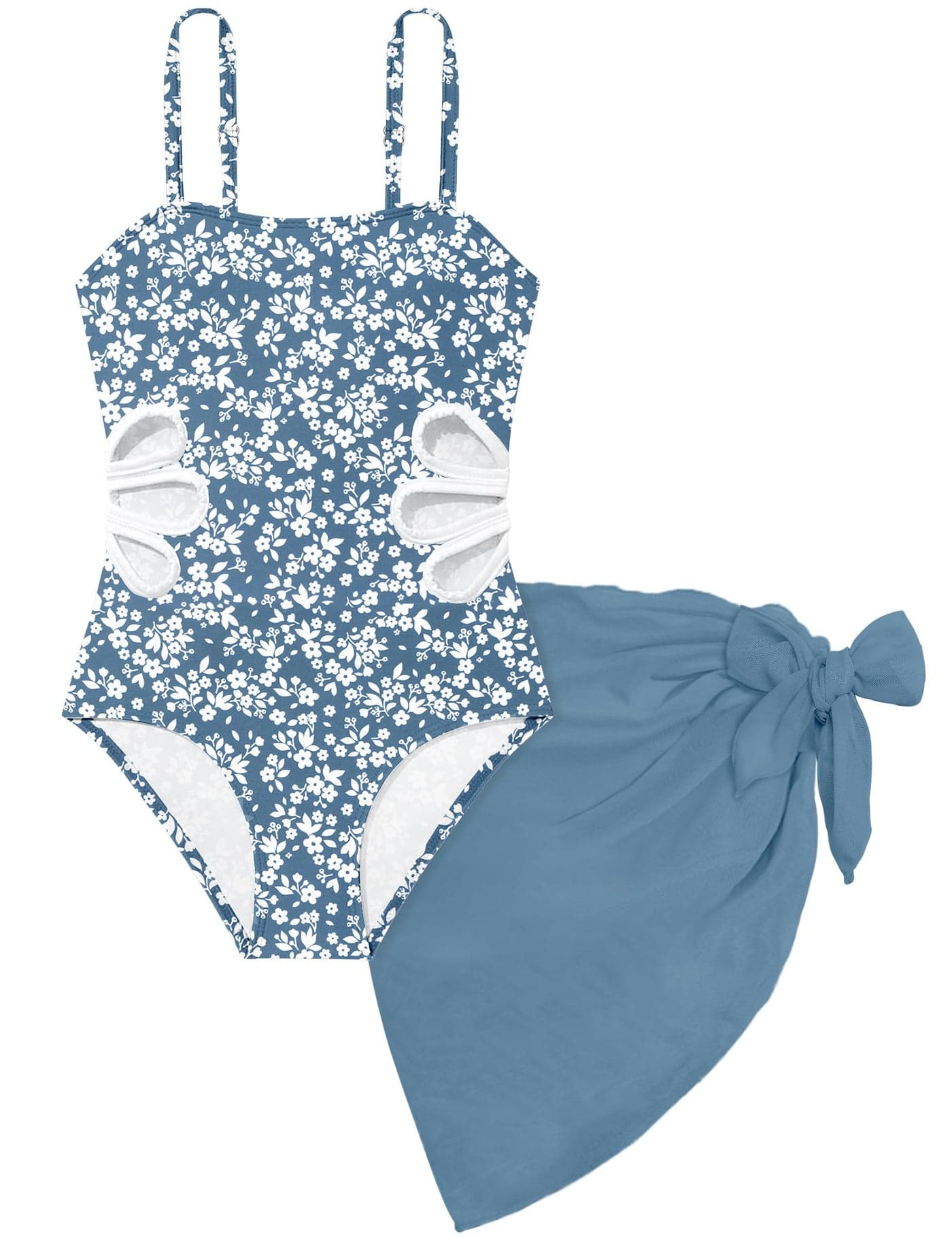 TALLWH Girls Swimsuit Size 8 Printed Adjustable Straps Cut Out One Piece Swimsuit with Solid Color Cover Up Skirt One Piece Bathing Suit Girls Bathing Suit Size 7