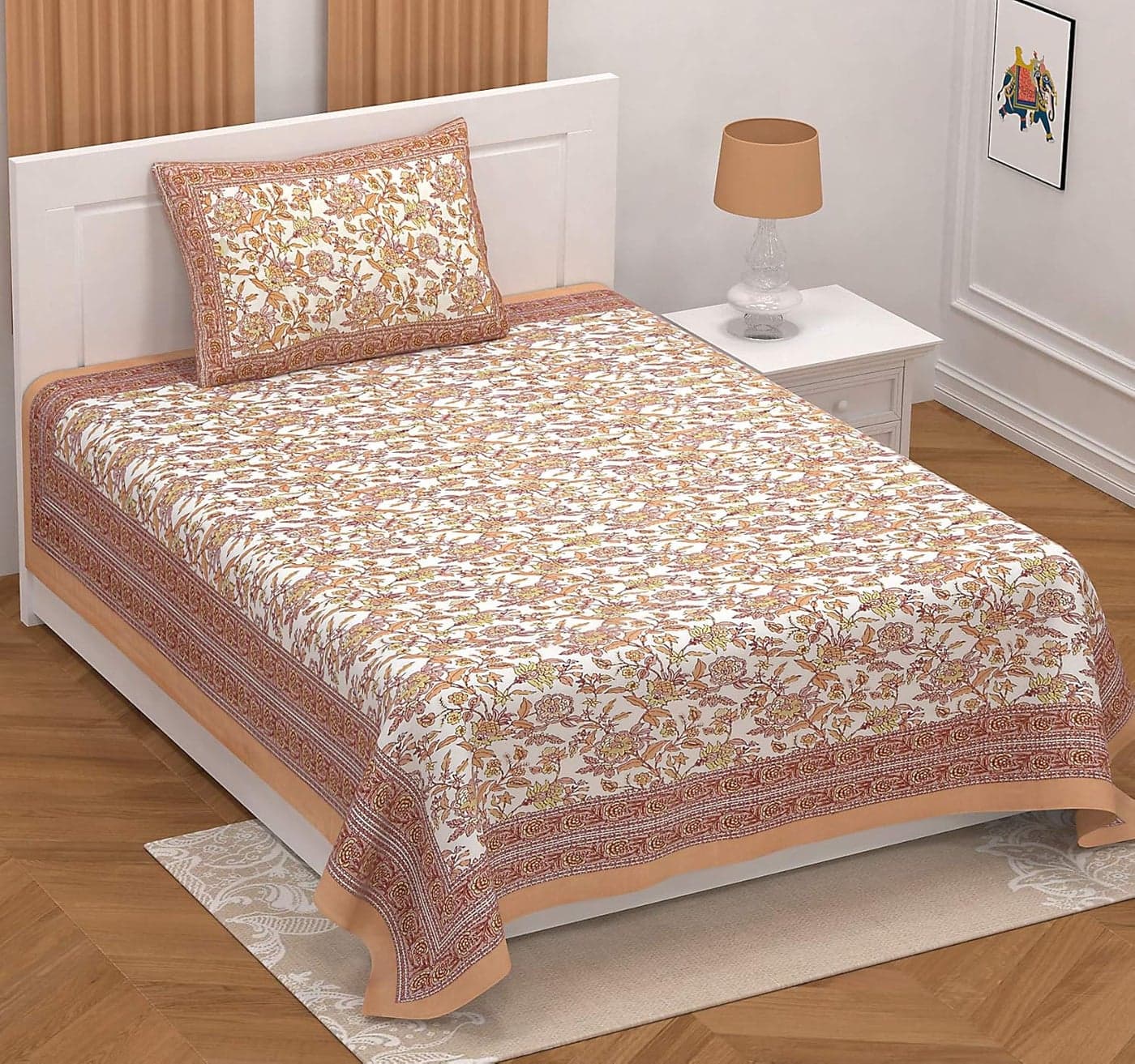 EasyGoods 240 TC Cotton Bedsheet for Single Bed Orange Ethnic08 Bedsheet Single Size Bed CottonSingle Size BedsheetSingle Bedsheet with 1 Pillow Cover 60x90 Inch Handcrafted Bed Sheets
