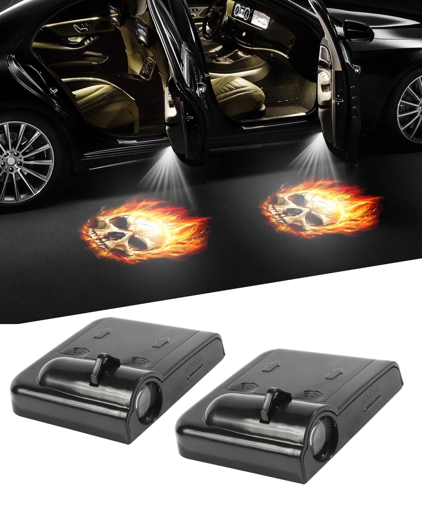 bylikeho 2Pcs Car Door LightsDoor Lights Logo ProjectorCar Accessories HD Car Welcome LightDoor Sill Lights Wireless LED Door Paste Courtesy LightCar Door Lights Logo Fire Skull