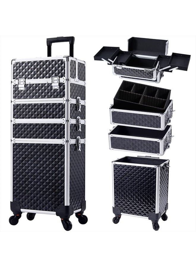 Rolling Makeup Train Case Large Storage Cosmetic Trolley 4 in 1 Large Capacity Trolley Makeup Travel Case with Key Swivel Wheels Salon Barber Case Traveling Cart Trunk - Black