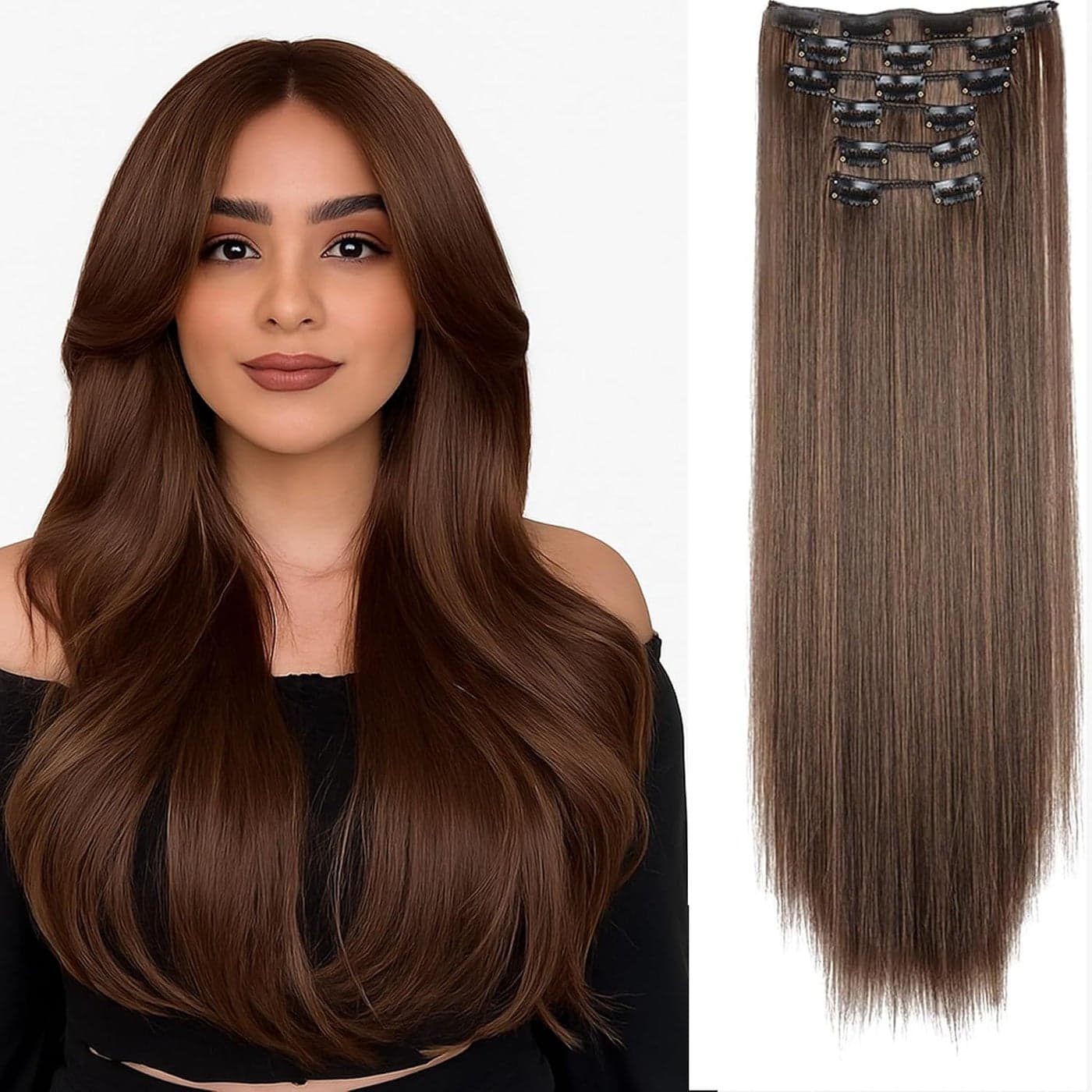 Light Brown Clip in Human Hair Extensions, 6 Pieces with 16 Clips, Double Weft Silky Straight Chestnut Brown Real Hair Extensions for Women