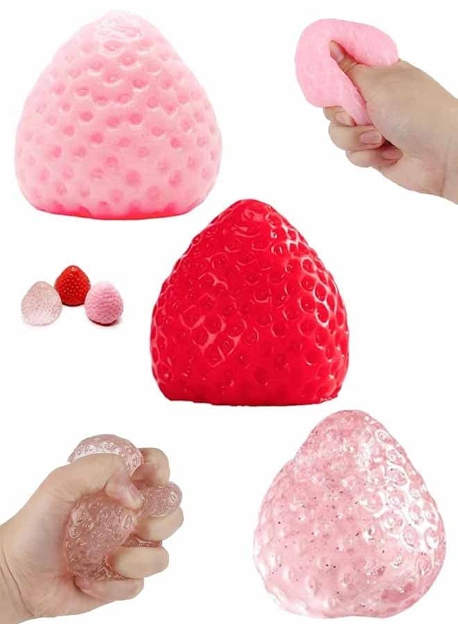 3PCS Squishy Strawberry Squeeze Toys,Kawaii Sticky Fidget Sensory Toy, Cute squishies Food Pack, OPP Packaging Perfect Desk Accessory, Anxiety Stress Relief Party Favor Gifts for Kids Adults