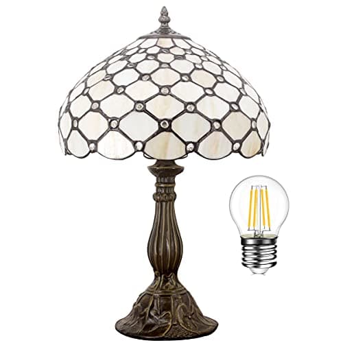 WERFACTORY Tiffany Lamp Cream Amber Stained Glass Bead Table Lamp Desk Bedside Reading Light 12X12X18 Inches Deco Bedroom Living Room Home Office S005 Series