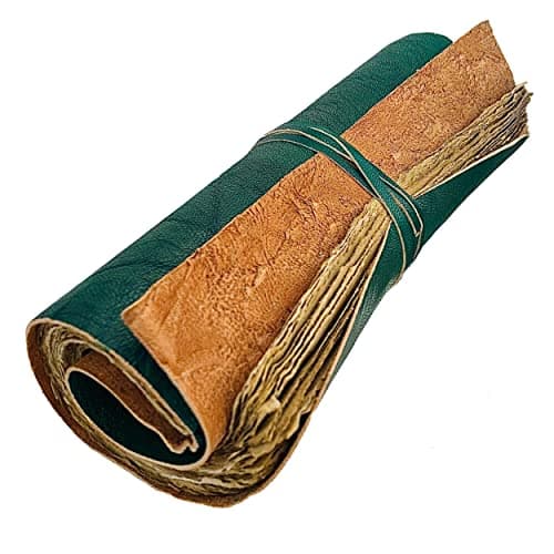 Handmade Leather Scroll Journal - 100 Pages Vintage Style Unlined Deckle Edge Rustic Paper - 9x6 Book of Shadows, Grimoire, Fantasy Gifts, Sketchbook, Antique Scrapbook (Green w/Vintage Paper)