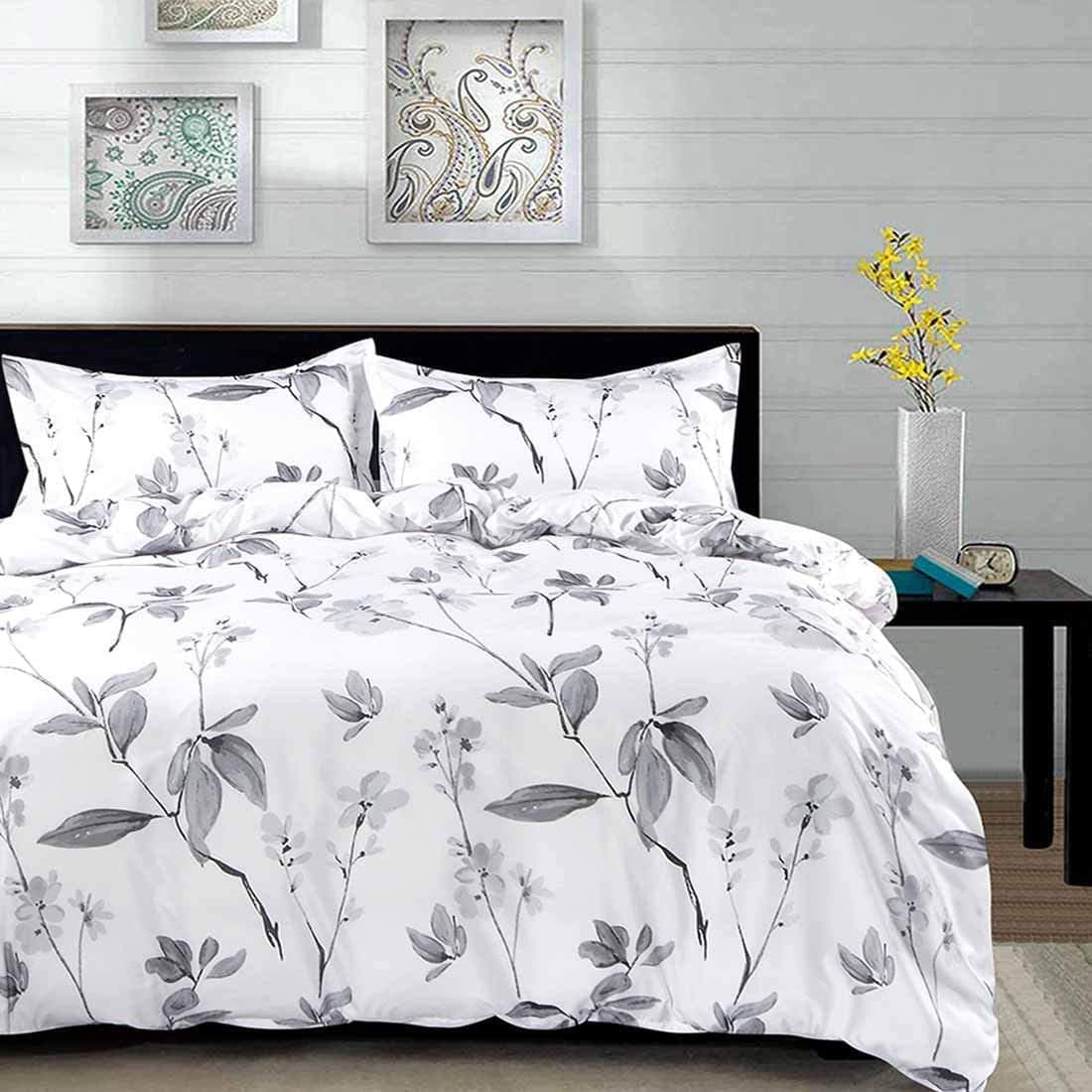 Nanko King Duvet Cover Set 3 Piece 104x90 Luxury Microfiber Gray Grey and White Floral Flowers Comforter Cover with Zipper Closure Ties Best for Men and Women Leaf