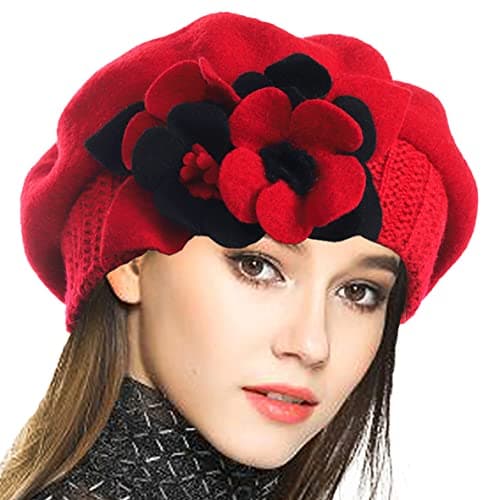 VECRY Lady French Beret 100% Wool Beret Floral Dress Beanie Winter Hat (Floral-Red)