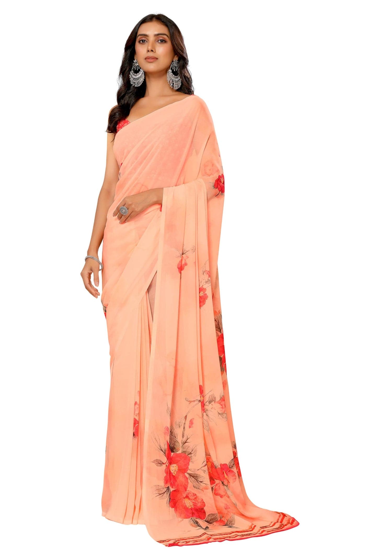 Janasya Women's Peach Georgette Floral Printed Printed Saree with Blouse Piece