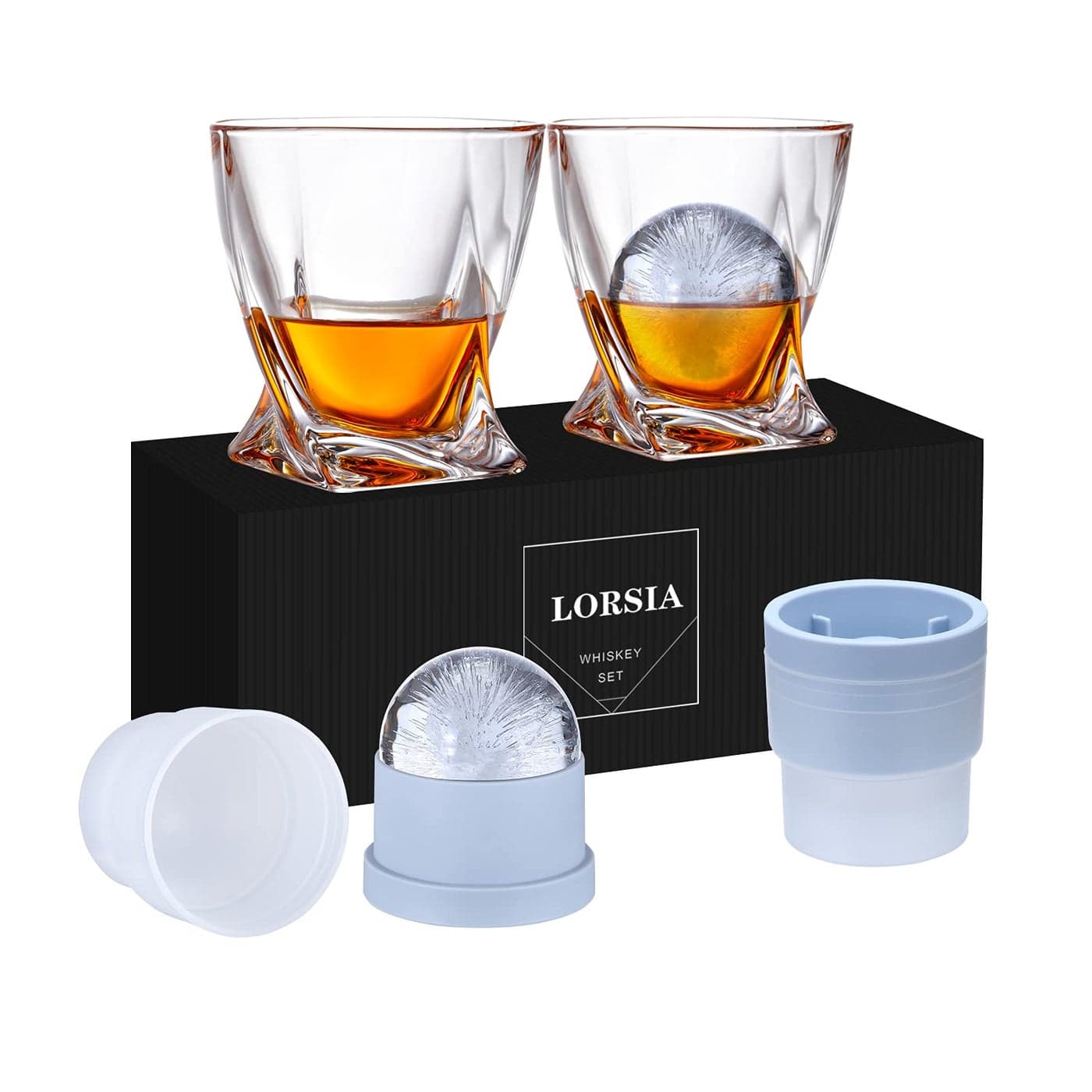 Whiskey Rocks Glass Set of 4 2 Crystal Bourbon Glasses 2 Round Big Ice Ball Molds In Gift Box 11 Oz Old Fashioned Glasses for Scotch Cocktail Rum Cognac Vodka Liquor Unique Gifts for Men