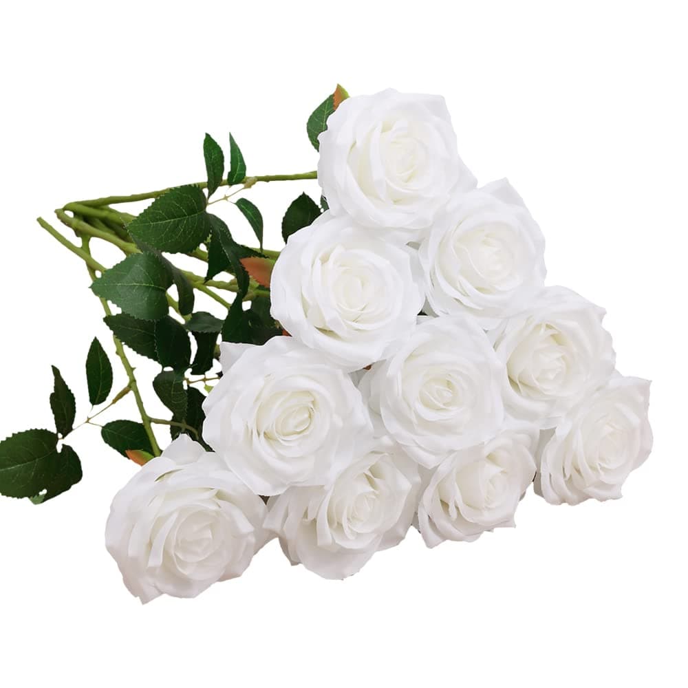 IUKnot Artificial Rose 10pcs Open Flower Bouquet Faux Rose Stems for Wedding Arrangement Bridal Bouquet Centerpiece Fake Faux Silk Flowers White