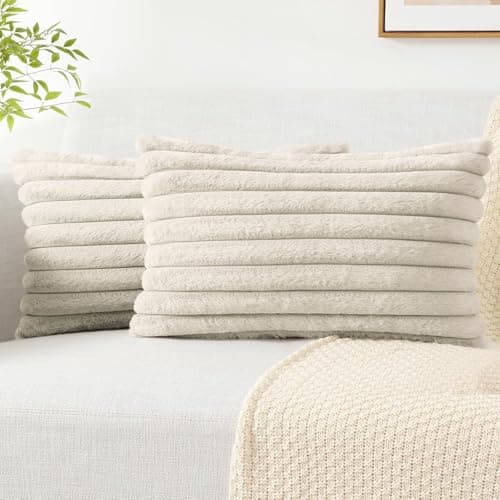 AEROHAVEN™ Premium Faux Rabbit Fur Plush Luxury Soft Fluffy Striped Decorative Sham/Breakfast Throw Pillow/Cushion Covers for Sofa, Couch, Living Room - CC283 - (2, Beige, 12 x 18 Inch)