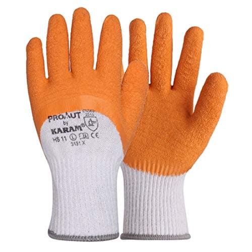 Karam HS11 Safety Gloves for Mechanical Hazards | Safety Work Gloves with White Liner with Orange Crinkle Latex | Abrasion, Tear & Puncture Resistant | Cut Resistant | Size-M