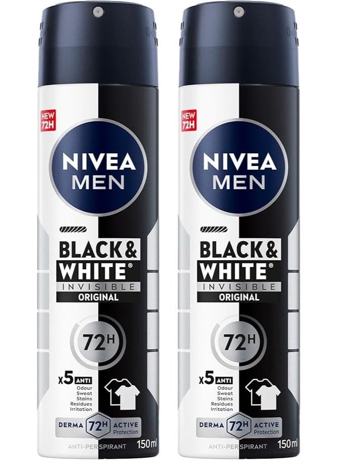 NIVEA MEN Black & White Invisible Antiperspirant Deodorant Spray, Original, 72H Active Protection, 5IN1, Anti-Odour, Sweat, Stains, Residues & Irritation, 2x150ml