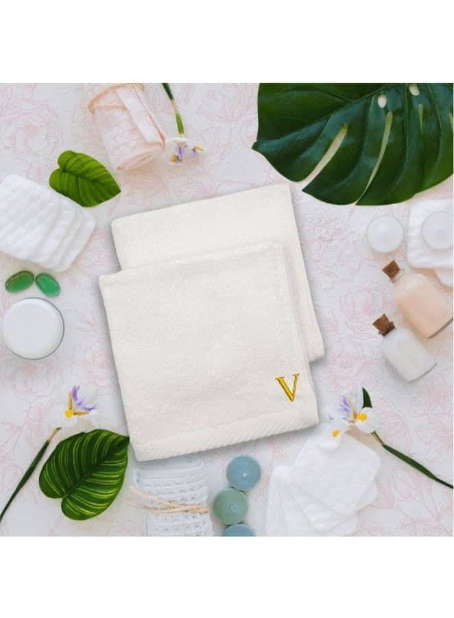 Embroidered For You (White) Monogrammed Face Towel (33 x 33 Cm - Set of 6) 100% Cotton, Absorbent and Quick dry, High Quality Bath Linen- 600 Gsm Golden Thread Letter "V"