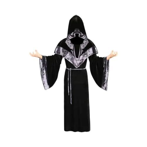 Wanna Party Men’s Mystic Sorcerer Black Velvet Robe Costume with Hood & Grey Belt – Halloween & Cosplay Outfit (Chest Size 46") for Halloween Costume for Men