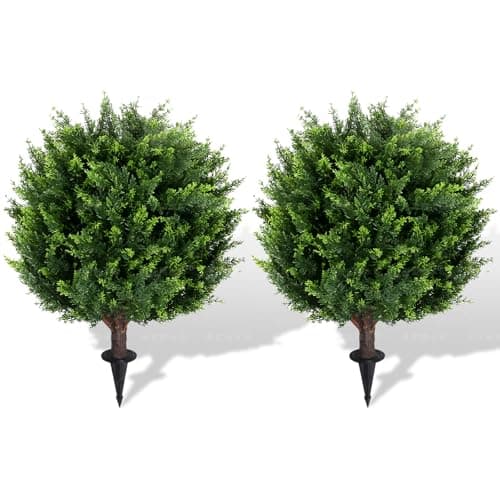 Keepinno 22''T Artificial Cedar Topiary Ball Tree 2 Pack, Artificial Bushes Fake Plants for Outdoor, Uv Resistance Rated Great for Outdoor, Indoor, Front Door Decor - Easy to Install.