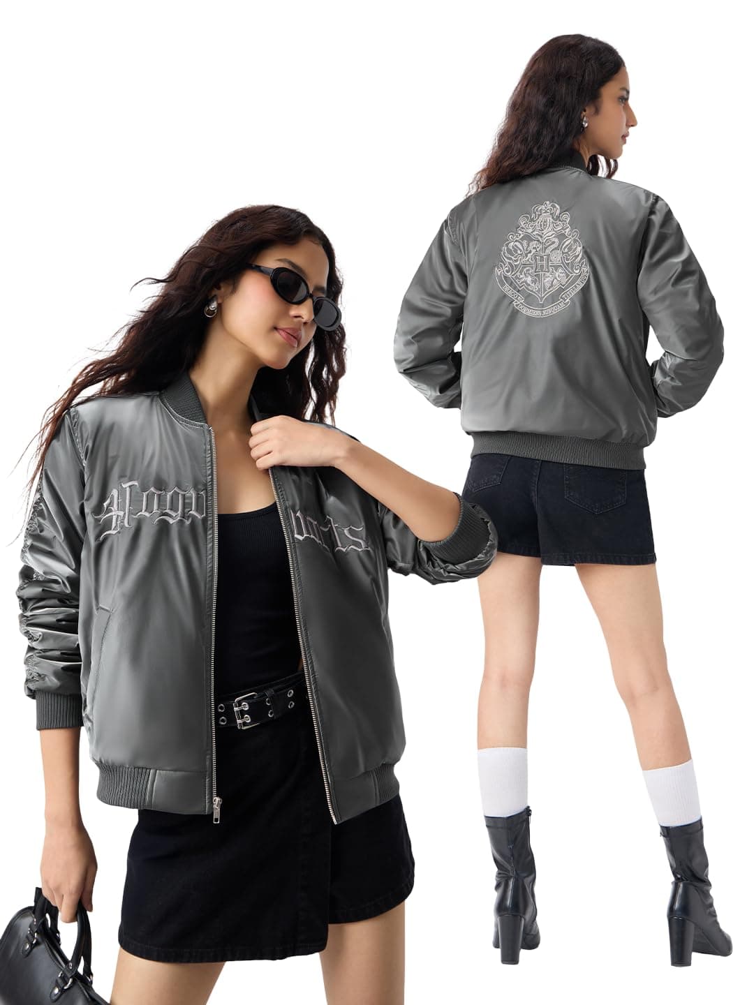 The Souled Store Harry Potter: School Sigil Women and Girls Full Sleeves Round Neck Dark Grey Embroidered Graphic Polyester Regular Fit Lightweight Casual Bomber Jacket