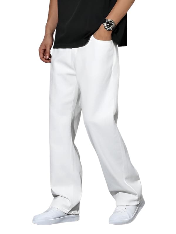 Waltz Men's High Waist Stretchable White Oversized Baggy Loose Relax Fit Wide Leg Boy Friend Casual Denim Jeans Pant for Men Size 36