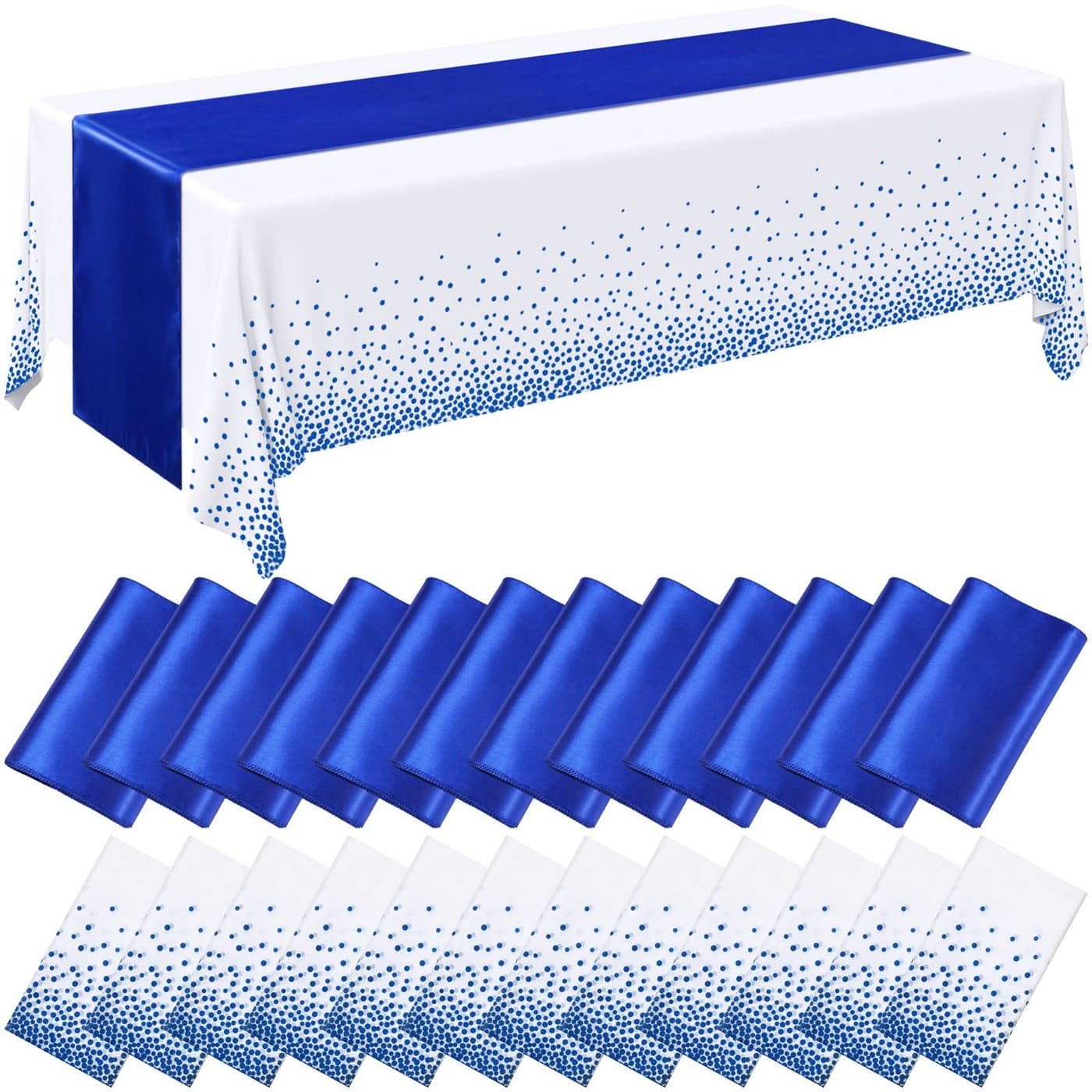 Breling 24 Pack Royal Blue Disposable Plastic Tablecloths and Satin Table Runner Set 54 x 108 Inch Tablecloth 12 x 108 Inch Table Runners for Wedding Graduation Birthday Baby Shower