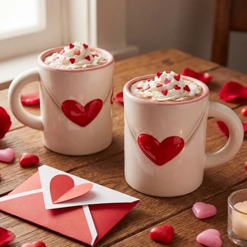 GlikCeil 2 Pcs Valentine Coffee Mug 3D Heart, Love Letter Ceramic Mugs with Handle 12 oz Embossed Heart Cups Valentine's Day Drinking Glass for Wedding Party Anniversary Engagement Couple Gifts