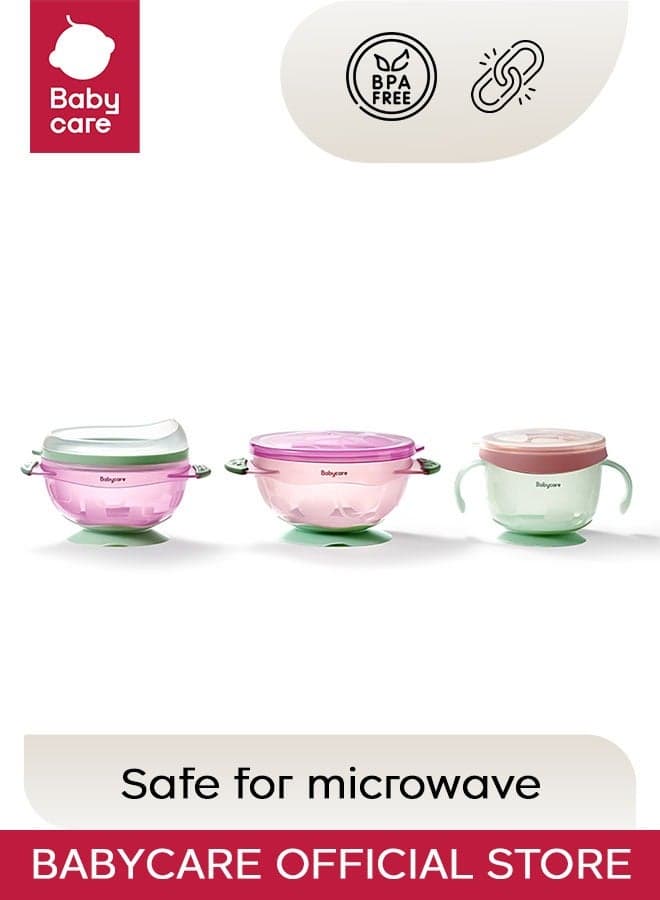 Babycare - Suction Bowls Set, Powder Pink, BPA-Free, 3-Piece Set, Anti-Spill Bowl, Snack Bowl, Sealed Bowl, Non-Toxic, Safe for Babies, Microwave Safe, Easy to Clean, Ideal for Toddlers