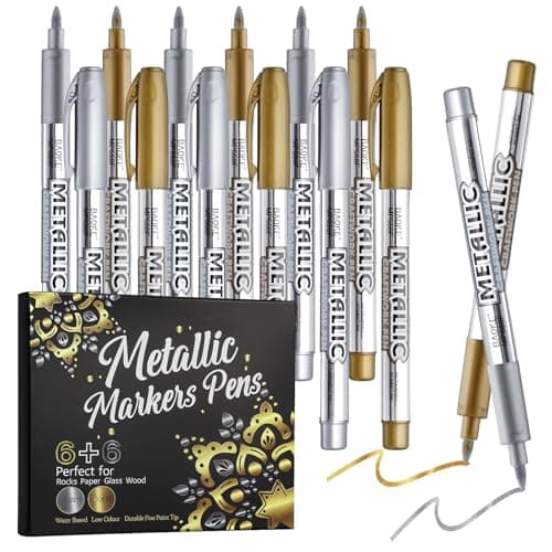 12 Pack Metallic Markers Pens Water Based Silver Gold Paint Pens Gold Silver Ink Pen with Durable Fine Point Tip for Black Paper Rock Painting Halloween Card Making Multi Surface Art Crafts