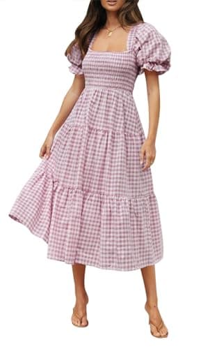 ZESICA Women's 2025 Bohemian Summer Plaid Square Neck Puff Sleeve Ruffle Flowy Beach Midi Dress,Taro,Medium