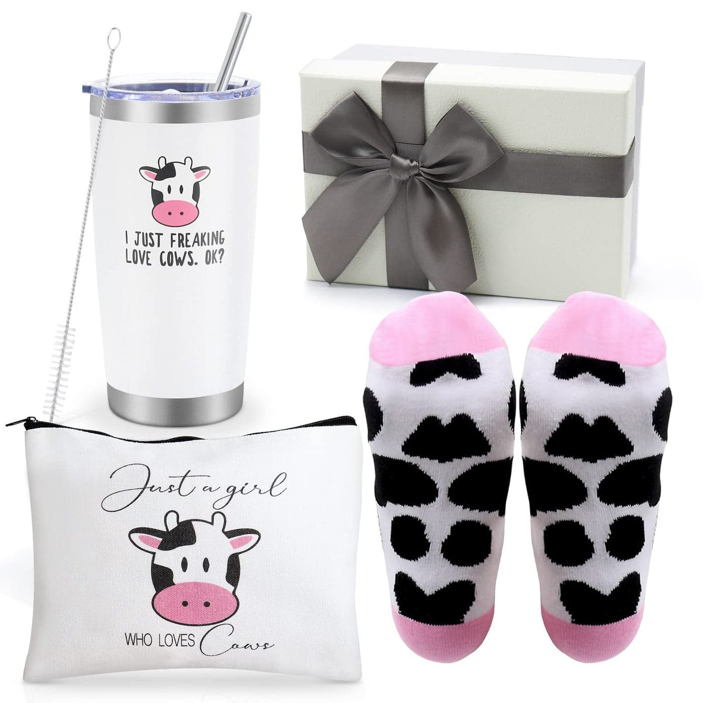 UAREHIBY Cow Themed GiftsBest Idea Gift Cute Cow Print 20 OZ Wine Tumbler and Socks for WomenCosmetic Bag Cow Tumbler Gift Basket Box Set for Cow LoverCute Cow Print Stuff for Farm Animal