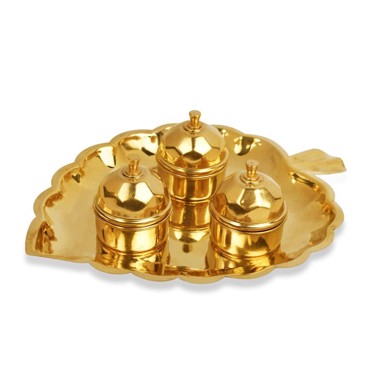 Rudra Centre Brass Peepal Leaf Plate with Haldi Kumkum Akshat Rice Containers Dibbi