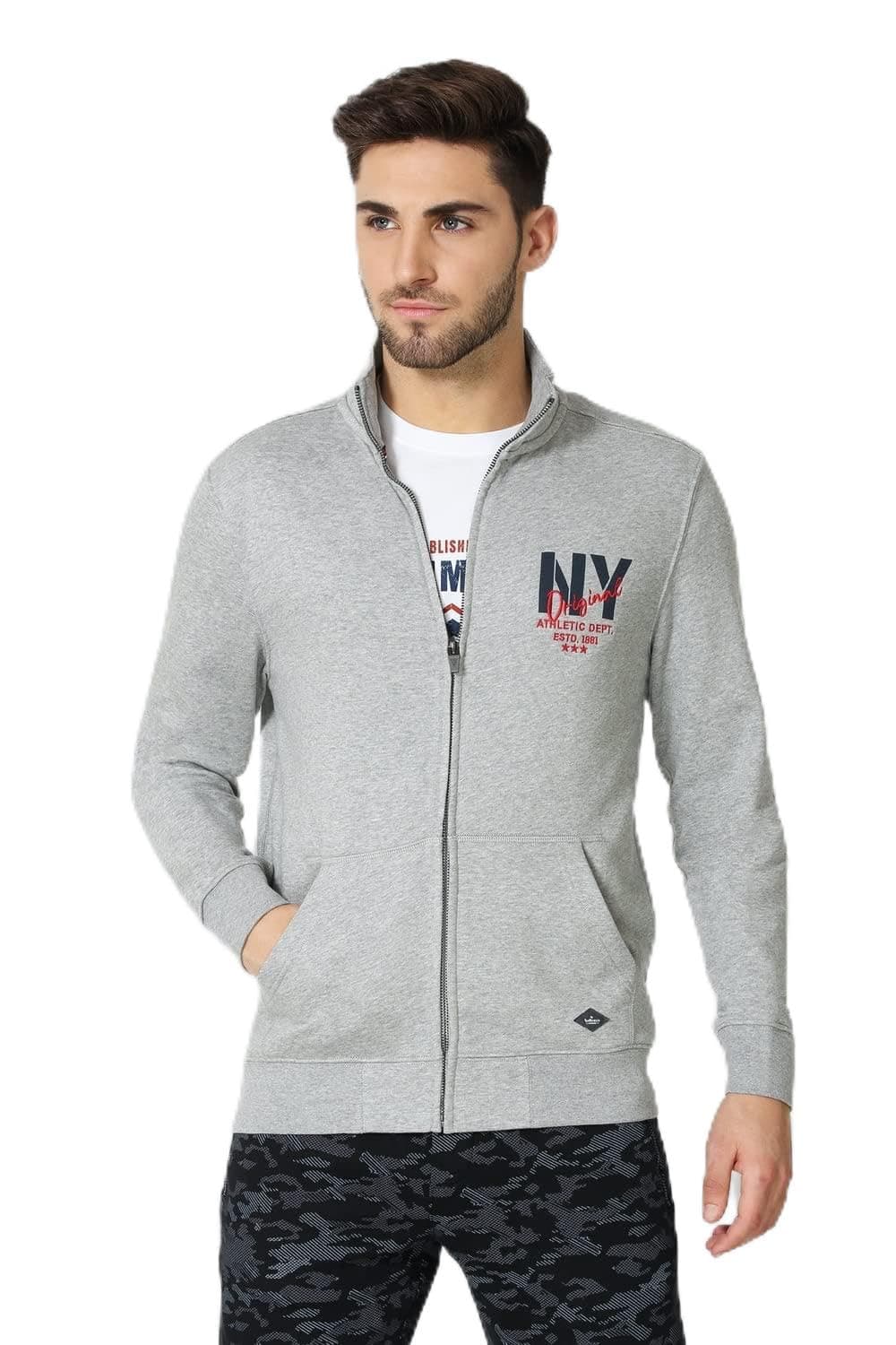 Van Heusen Men's Cotton Blend Regular High Neck Athleisure Zip Front Sweatshirt - Full Sleeve, Front Pocket_80003_Grey Melange_XXL