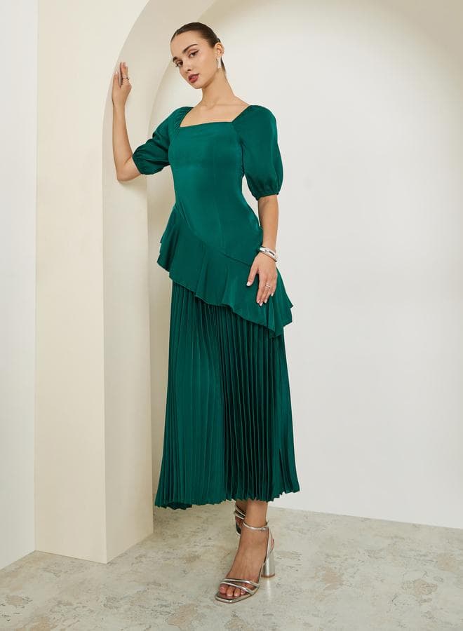 Green Puff Sleeves Pleated A-Line Maxi Dress