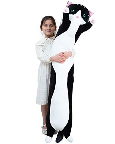 Giant Cat Pillow Plush Cartoon Kitty Sleeping Hugging Pillow Cuddly Soft Long Kitten Body Pillow Doll Cat Cushion Toy for Kids Girlfriend Black 70cm 2755inch