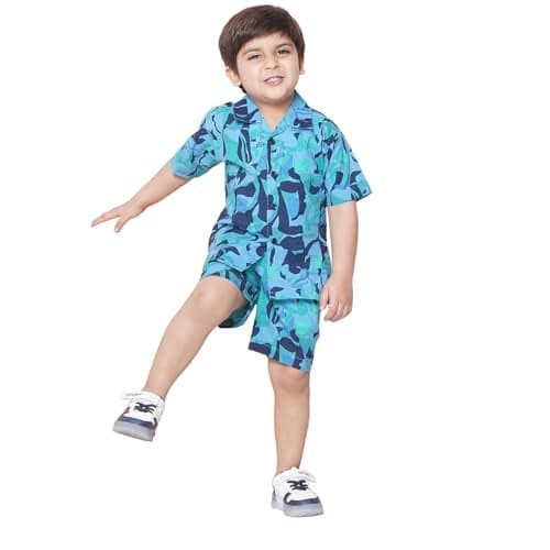 AJ DEZINES Kids Blue Cotton Shirt Shorts Half Sleeves and Abstract Printed CO-ORDS Set For Boys (CO-1001-BLUE-1)