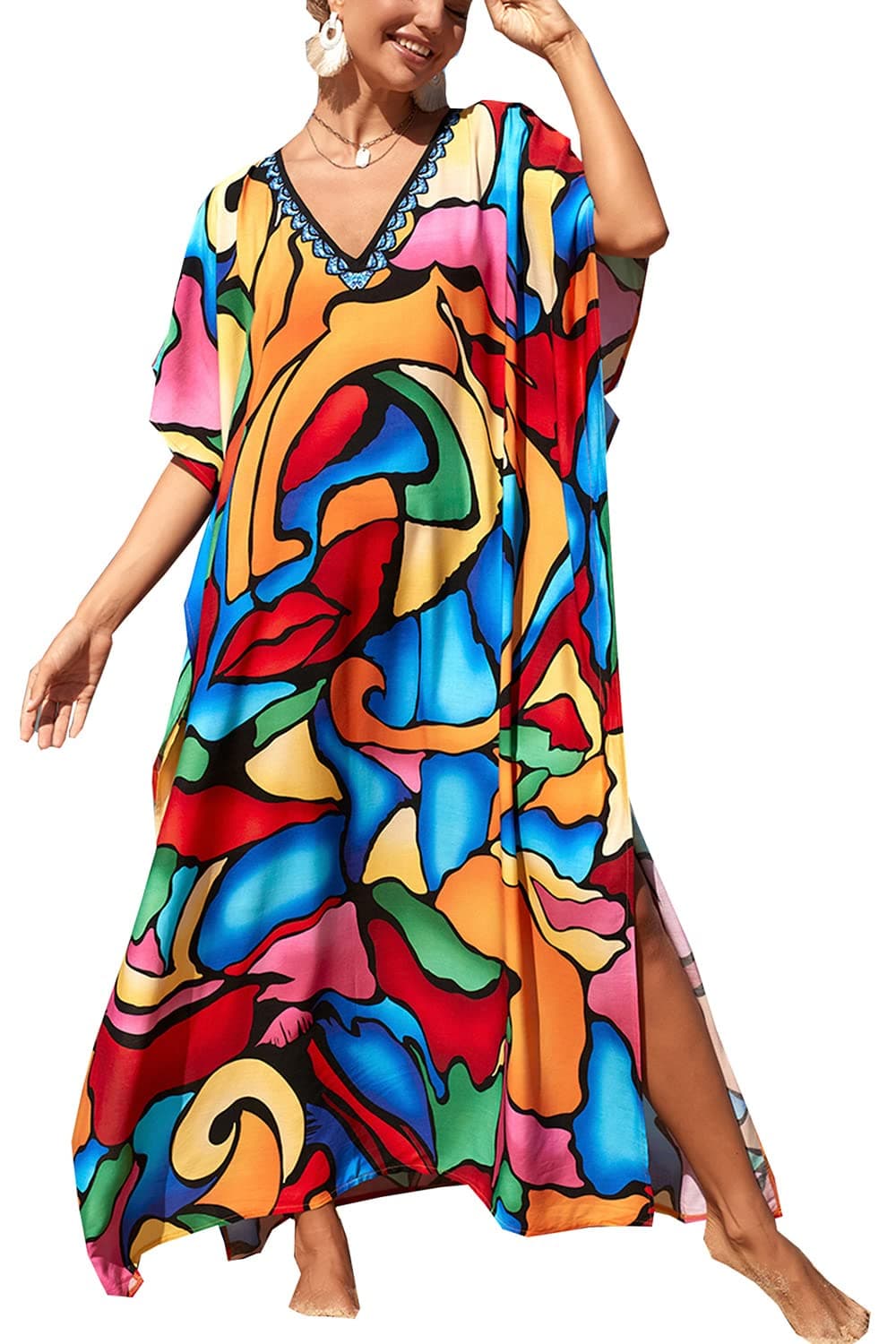 YouKD Women's Long Kaftan Bohemian Beach Swimsuit Cover Up Dress Plus Size Robe