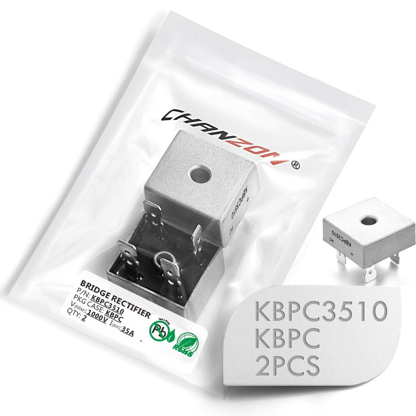 Pack of 2 Pieces Chanzon KBPC3510 Bridge Rectifier Diode 35A 1000V KBPC Single Phase Full Wave 35 Amp 1000 Volt Electronic Silicon Diodes